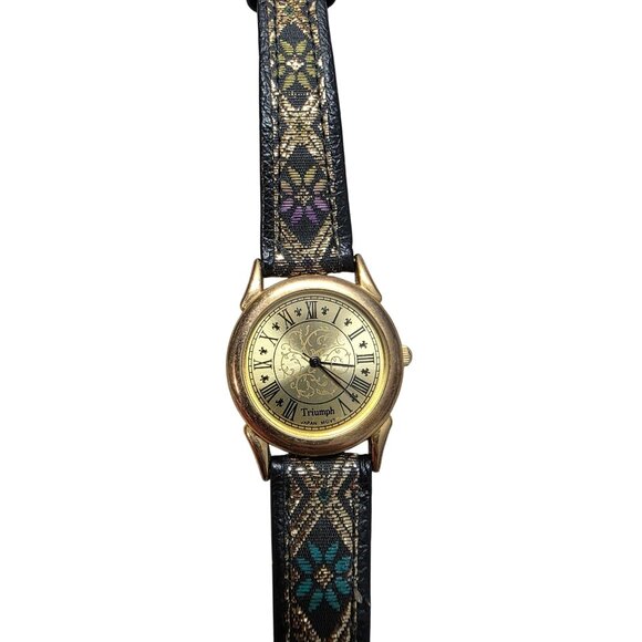 Vintage Triumph With Black & Multicolor Embroidered Strap Roman Numerals Quartz - Picture 6 of 10